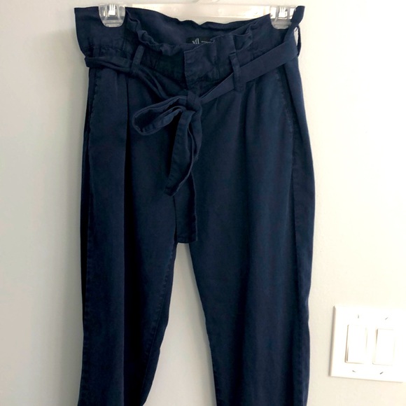 yfl Pants - Navy, paper bag waisted, belted pants